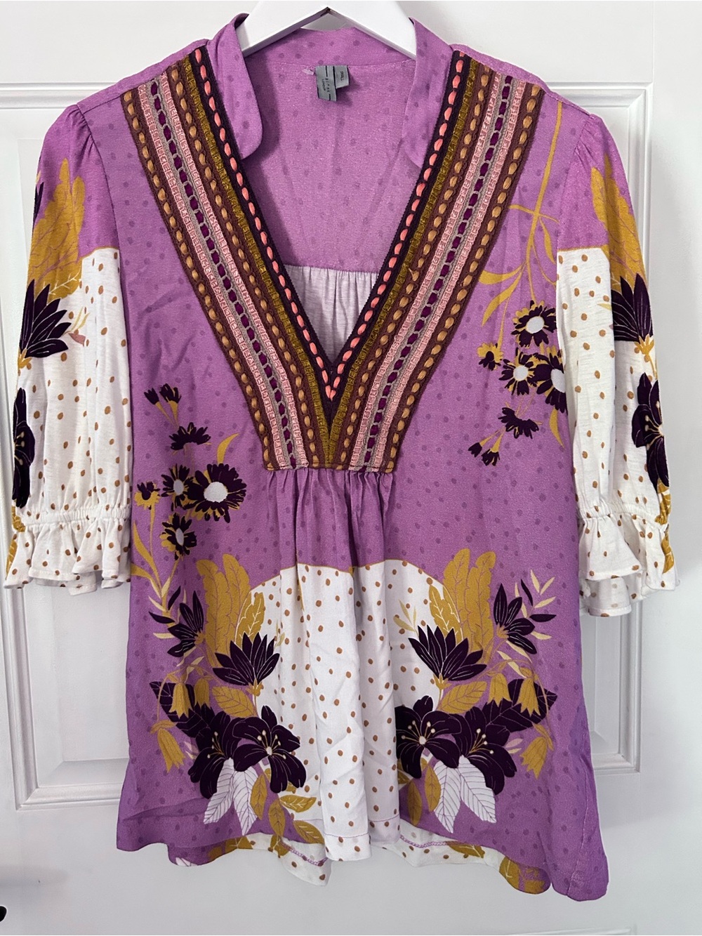 Boho Purple Floral Embroidered V-Neck Blouse